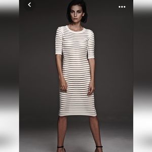Nellie Partow SS 2015 Ivory ribbed sheath slip pencil midi dress 3/4 sleeve Sz S